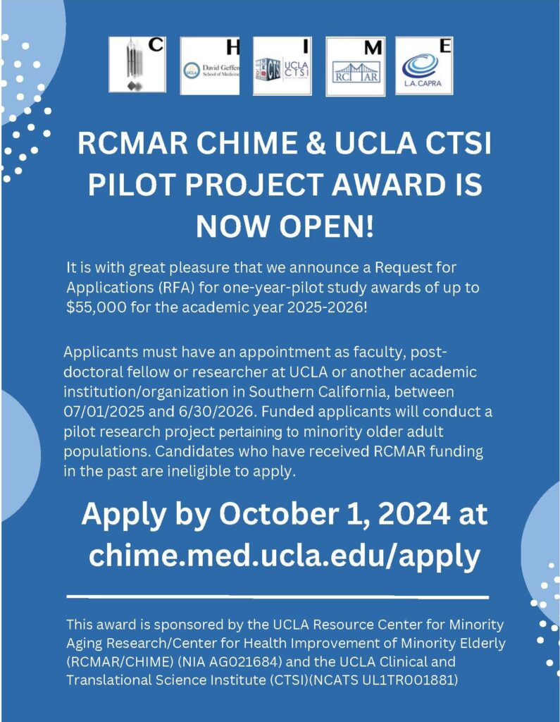 Applications from entry-level and mid-level faculty and post-doctoral fellows are being accepted. Applicants must have a faculty or post-doctoral fellow appointment between 07/01/2025 and 6/30/2026 at UCLA or another academic institution/organization in Southern California. Funded applicants will conduct a pilot research project pertaining to minority older adult populations. Candidates who have received RCMAR funding in the past are ineligible to apply. Apply by October 1, 2024